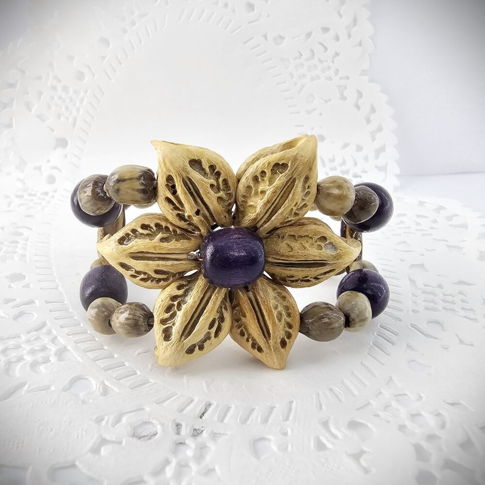 Chunky Vintage Hawaiian Seed Pod Bead Adj Cuff Bracelet
